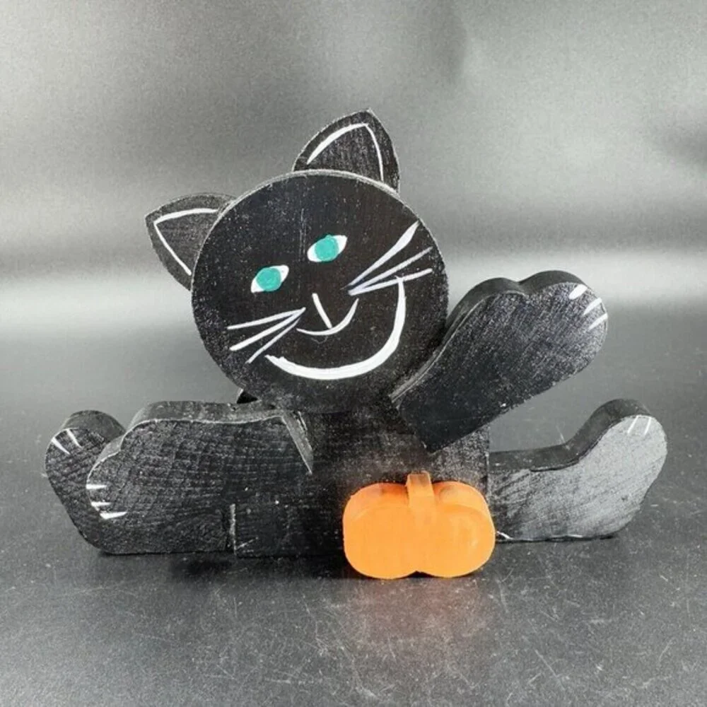 Vintage Folk Art Wood Kitty Cat Black‎ Cat With Pumpkin Painted Decor Spooky VTG